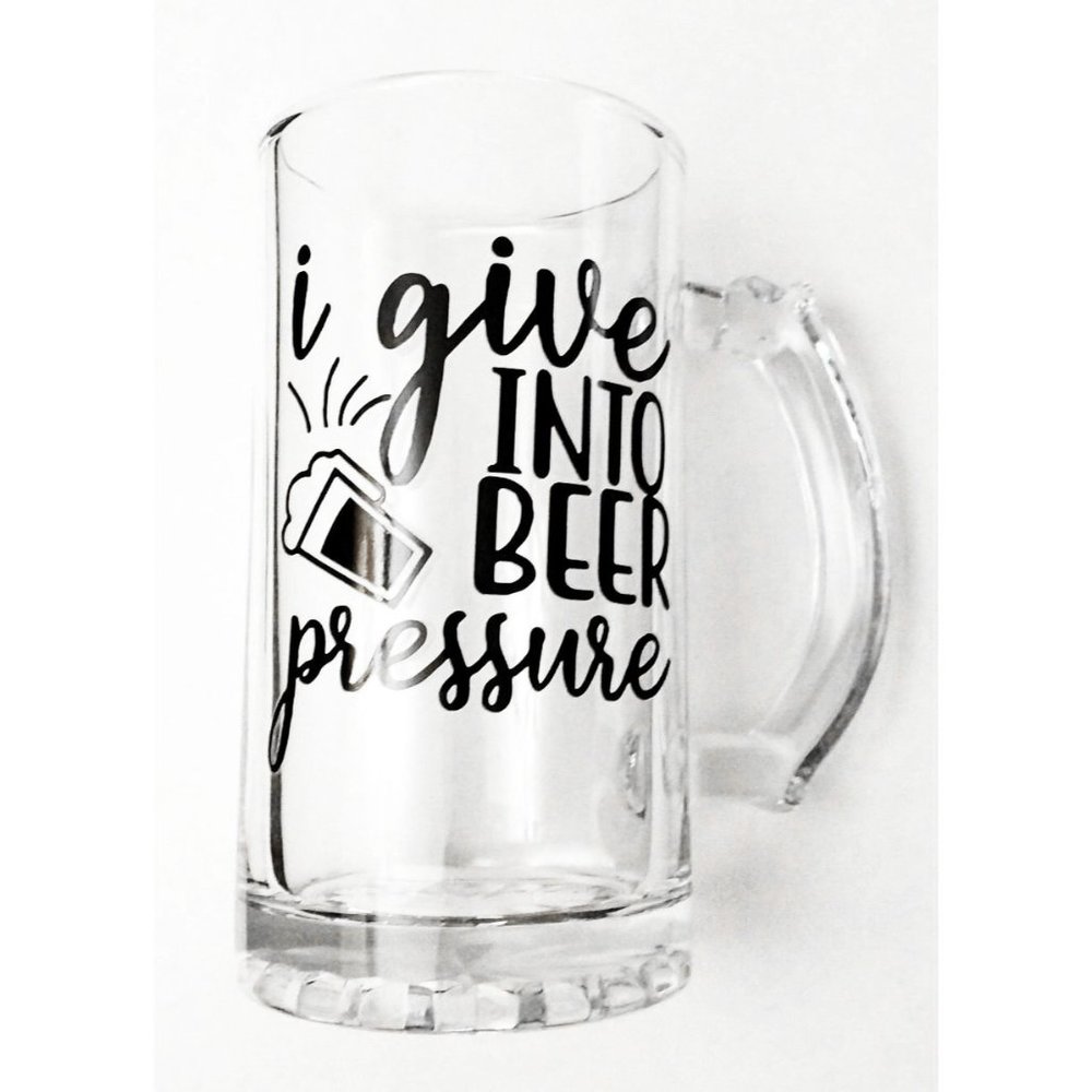 “I Give Into Beer Pressure” 16oz Glass Beer Mug, Father's Day Gift